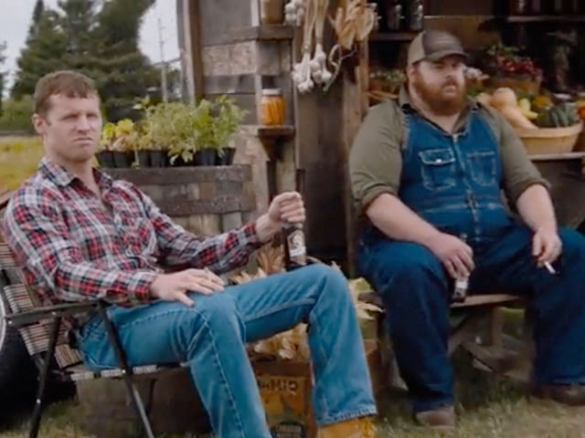 Wayne and Squirrely Dan drinking Puppers Beers at the Produce Stand