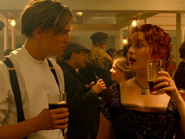 Rose and Jack having two drinks while playing the Titanic Drinking Game